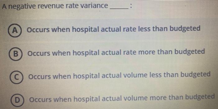 Solved A negative revenue rate variance Occurs when hospital | Chegg.com