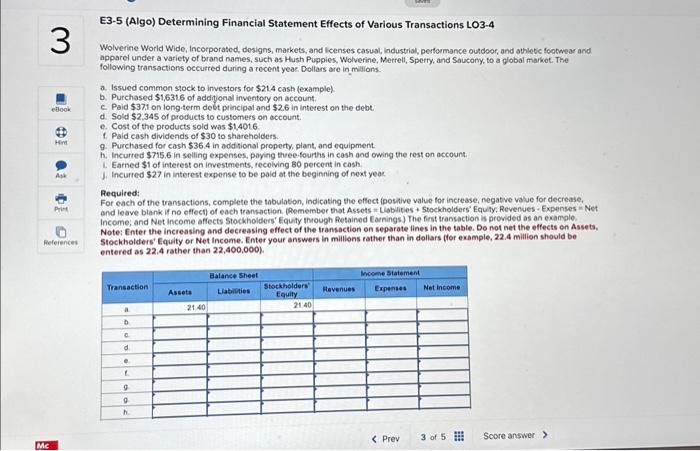 Solved E3-5 (Algo) Determining Financial Statement Effects | Chegg.com