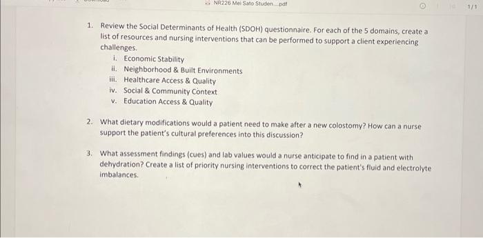 1. Review the Social Determinants of Health (SDOH) questionnaire. For each of the 5 domains, create a list of resources and n