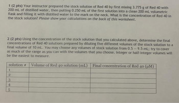 Solved Your instructor prepared the stock solution of Red 40 | Chegg.com