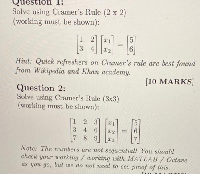 Solved stion 1 Solve using Cramer's Rule (2 x 2) (working