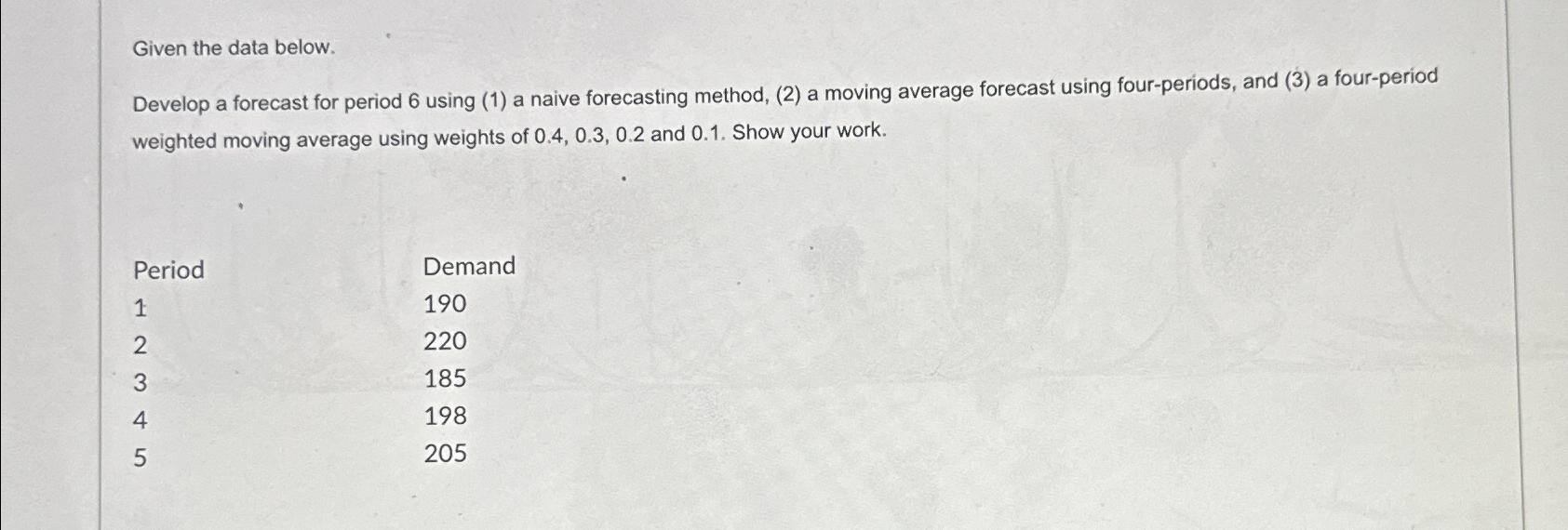 Solved Given the data below.Develop a forecast for period 6 | Chegg.com