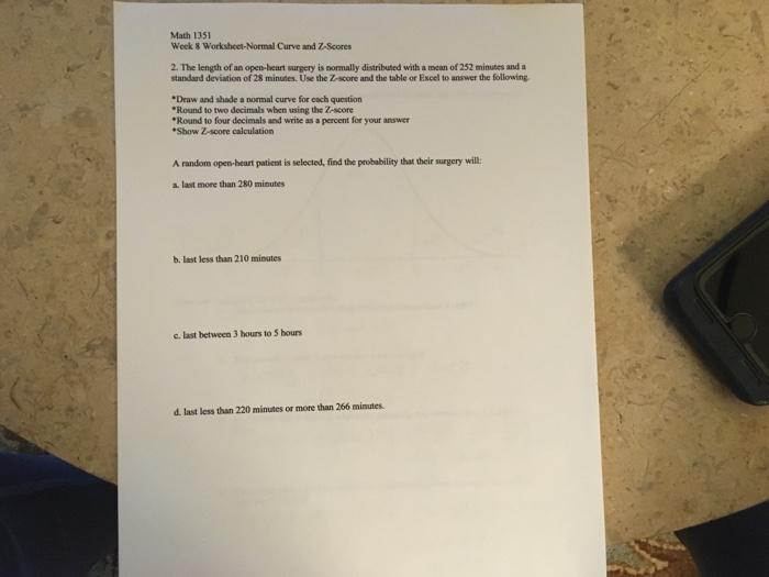 Solved Math 1351 Woek 8 Worksheet Normal Curve and Z-Scores | Chegg.com