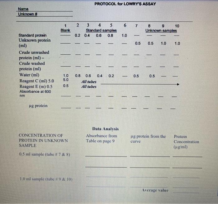 PROTOCOL for LOWRYS ASSAY Data