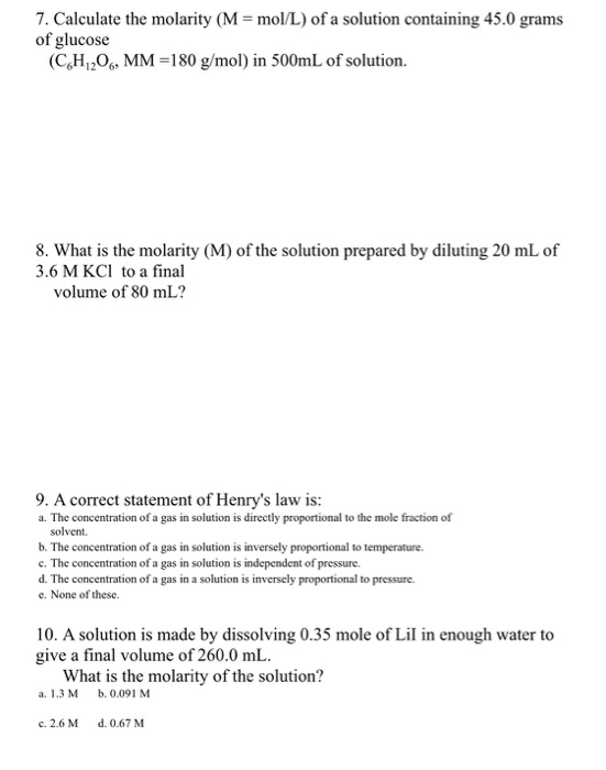 7 Calculate The Molarity M Mol L Of A Solution Chegg Com