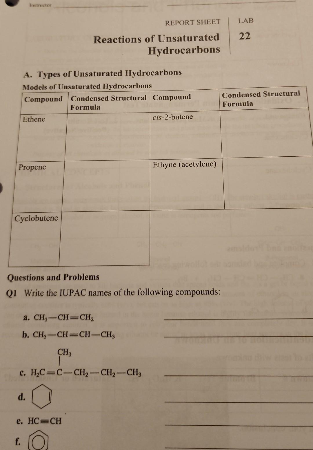 Solved Instructor A. Types of Unsaturated Hydrocarbons