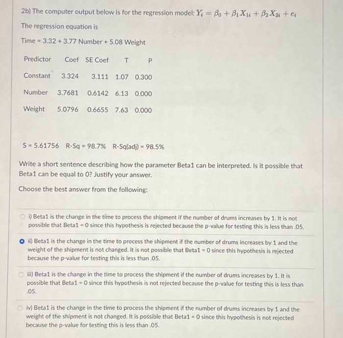 Solved 2b) The computer output below is for the regression | Chegg.com