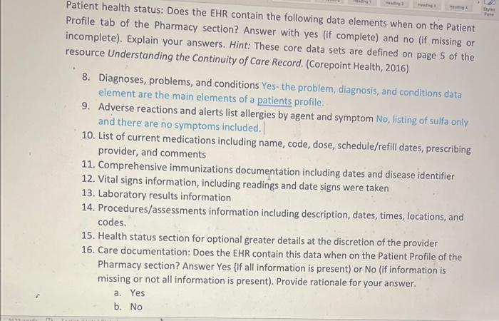Patient health status: Does the EHR contain the | Chegg.com