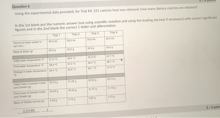 Solved Question 5 0/8 points Using the experimental data | Chegg.com