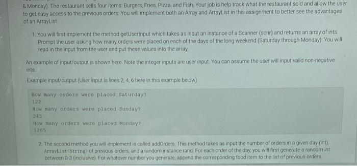 Solved & Monday). The restaurant sells four items Burgers, | Chegg.com