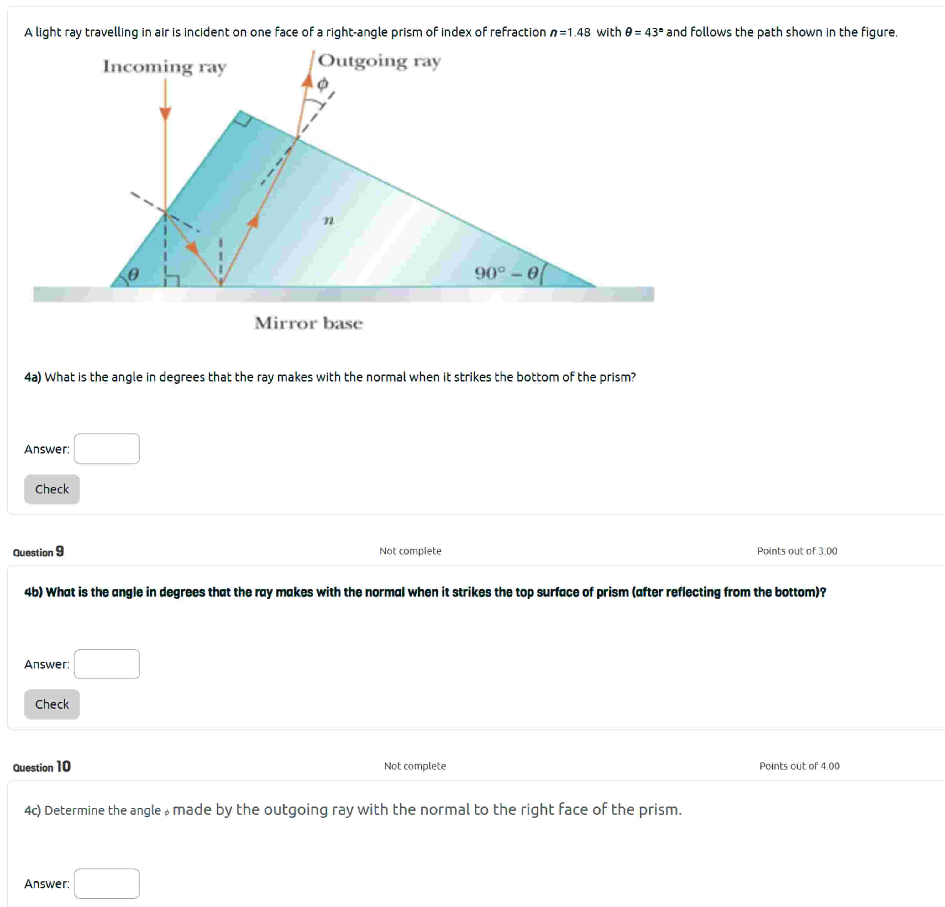 Solved A light ray travelling in air is incident on one face | Chegg.com