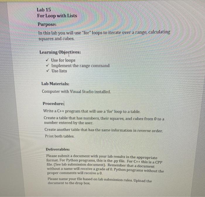 Solved Lab 15 For Loop with Lists Purpose: In this lab you | Chegg.com