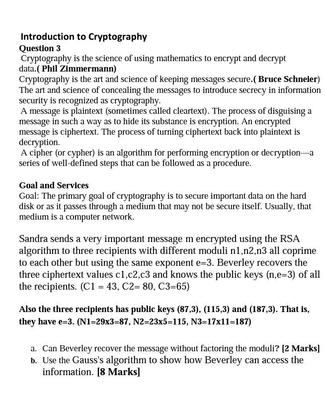 Solved Introduction To Cryptography Question 3 Cryptography | Chegg.com