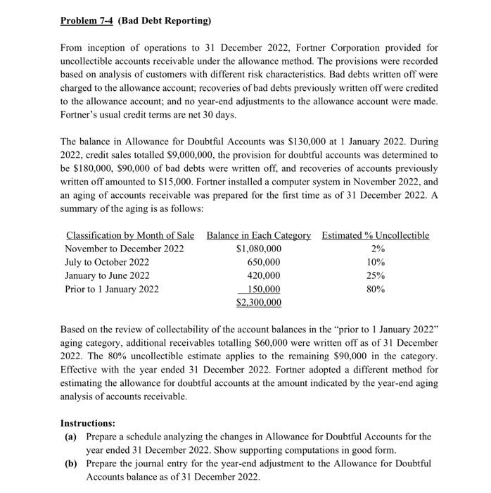 Solved Problem 7-4 (Bad Debt Reporting) From inception of | Chegg.com