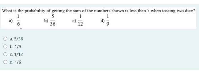 Solved What is the probability of getting the sum of the | Chegg.com