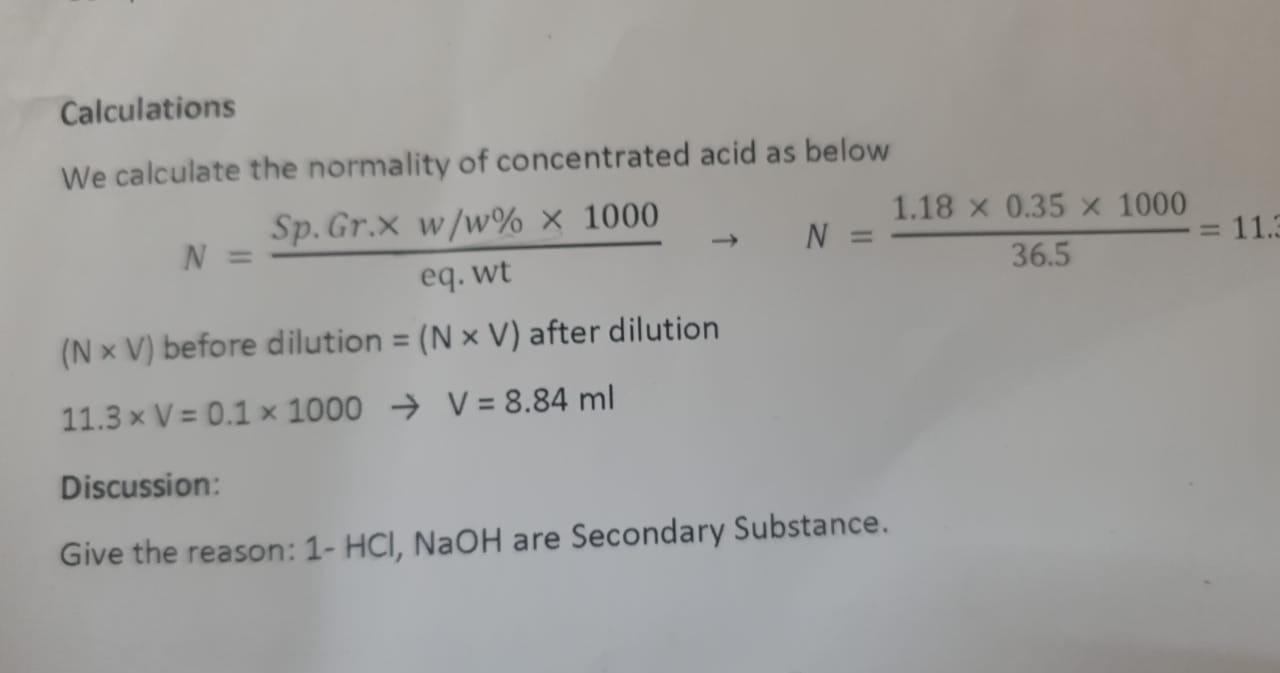 Solved Calculations We calculate the normality of