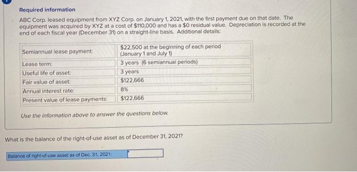 Solved Required information ABC Corp. leased equipment from | Chegg.com