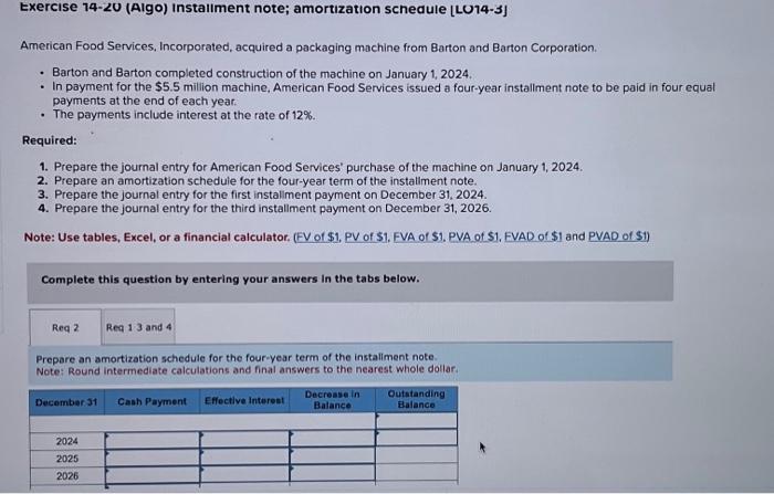 Solved Exercise 14-2U (Algo) Instaliment note; amortization | Chegg.com