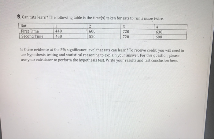 Solved 8. Can rats learn? The following table is the time(s) | Chegg.com