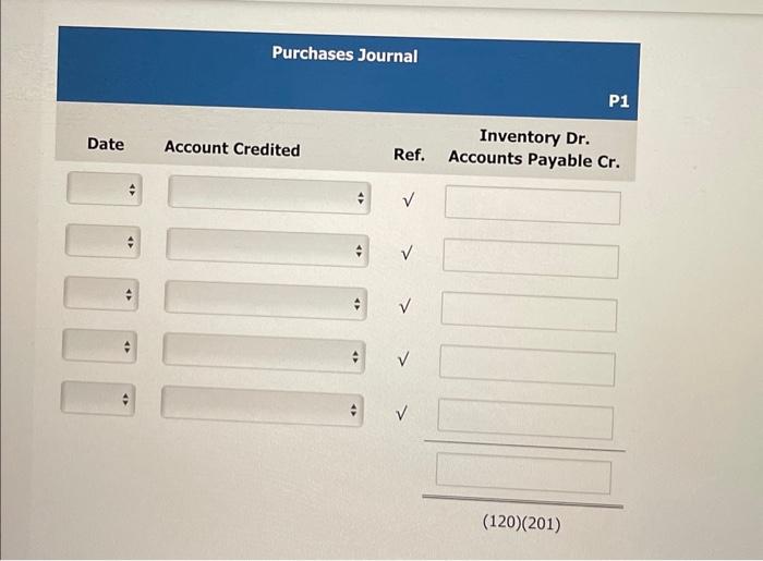 Purchases Journal
P1
Inventory Dr.
Date Account Credited
Ref. Accounts Payable \( \mathrm{Cr} \).
\( \hat{*} \)
\( \sqrt{ } \