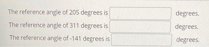 Solved The reference angle of 205 degrees is degrees. | Chegg.com