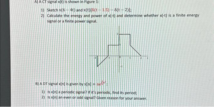Solved A) A CT signal x(t) is shown in Figure 1: 1) Sketch | Chegg.com
