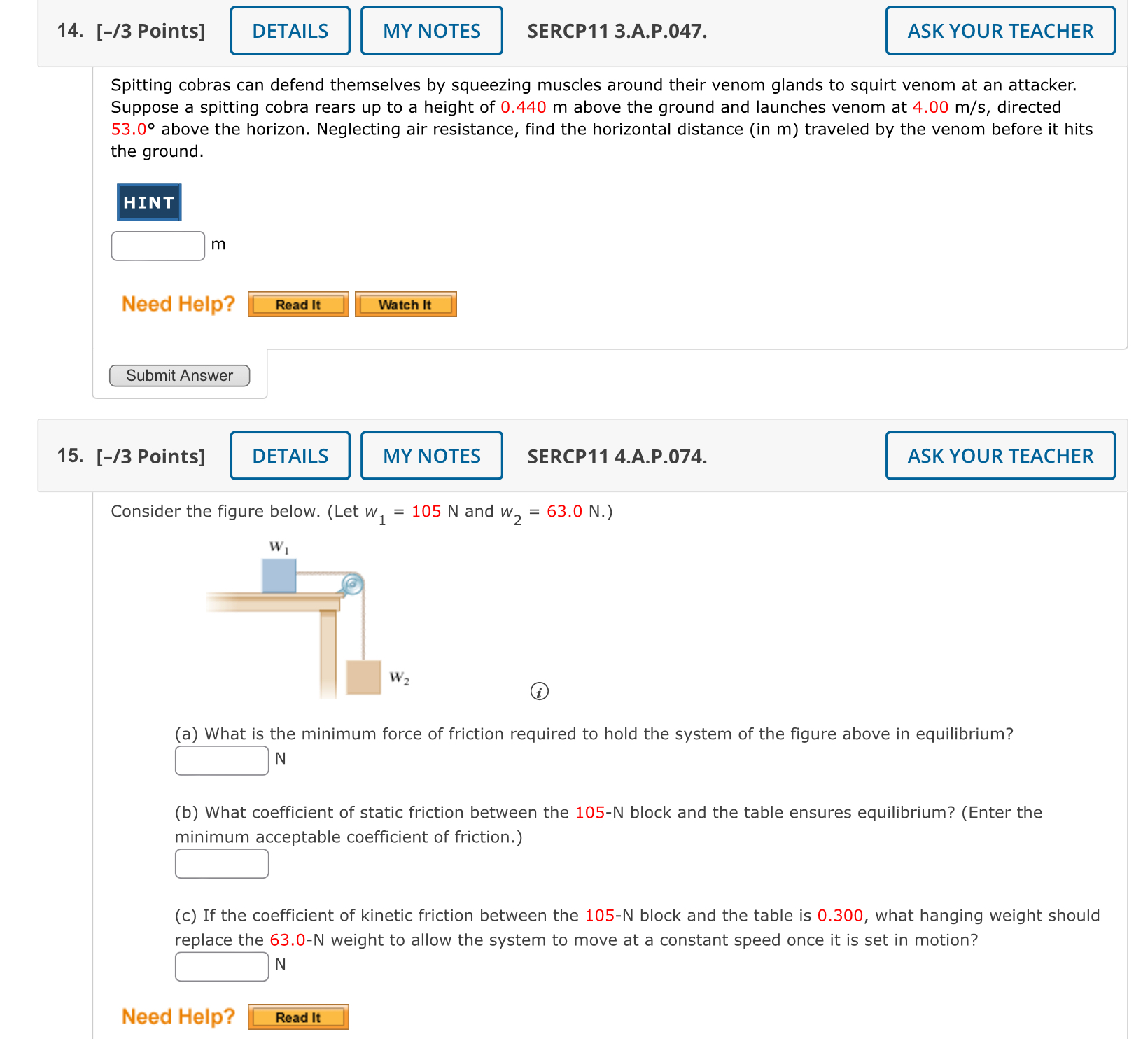 Solved [-/3 ﻿Points]SERCP11 3.A.P.047.Spitting cobras can | Chegg.com