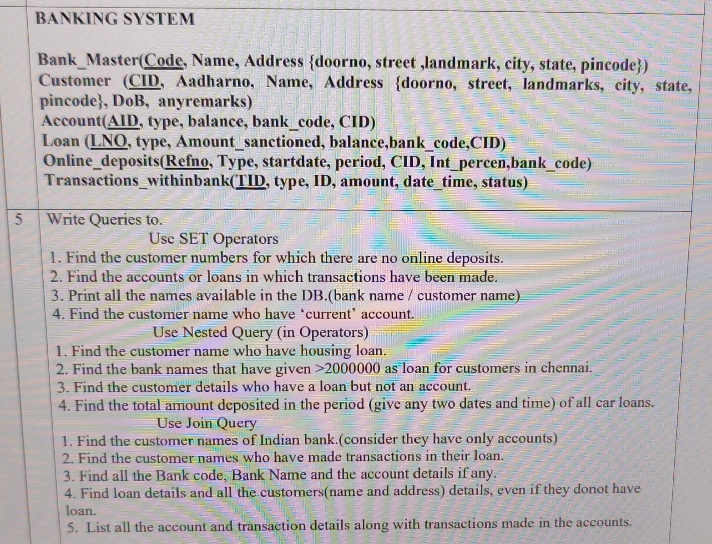 Solved Bank_Master(Code, Name, Address \{doorno, street | Chegg.com