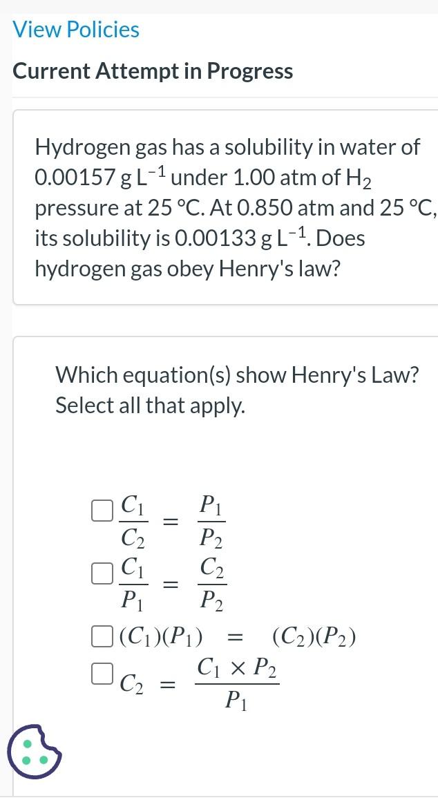 Solved Hydrogen gas has a solubility in water of 0.00157 g | Chegg.com