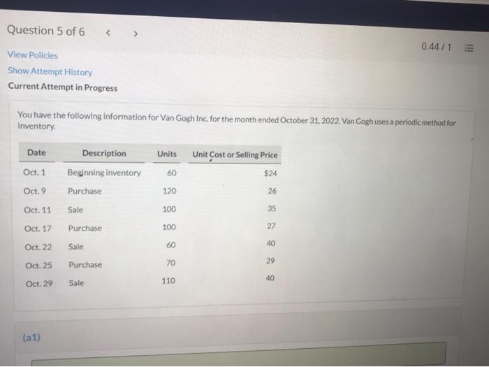 Solved Question 5 of 6 0.44/1 E View Policies Show Attempt | Chegg.com