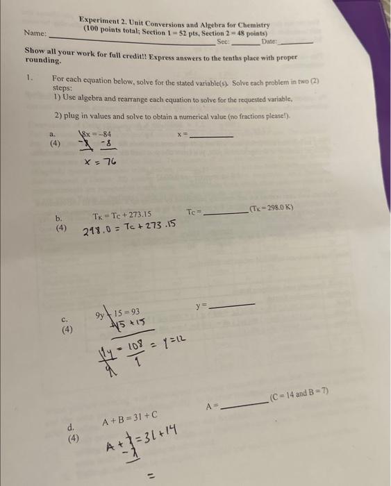 Solved Experiment 2. Unit Conversions And Algebra For | Chegg.com