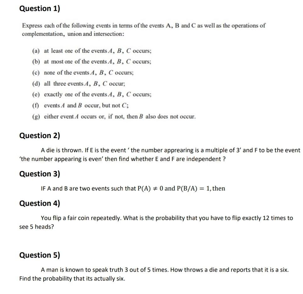 Solved Question 1) Express each of the following events in | Chegg.com