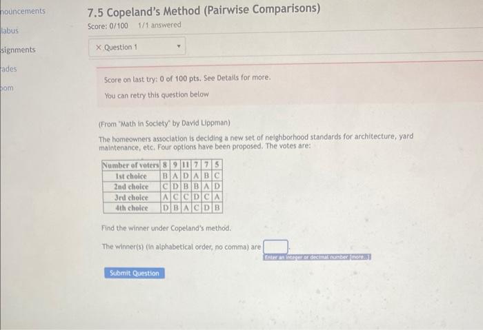 Solved 7.5 Copeland's Method (Pairwise Comparisons) Score: | Chegg.com