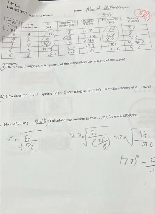 Solved PHY 150 LAB ACTIVITY Standing Waves Ahmed Alkremowi