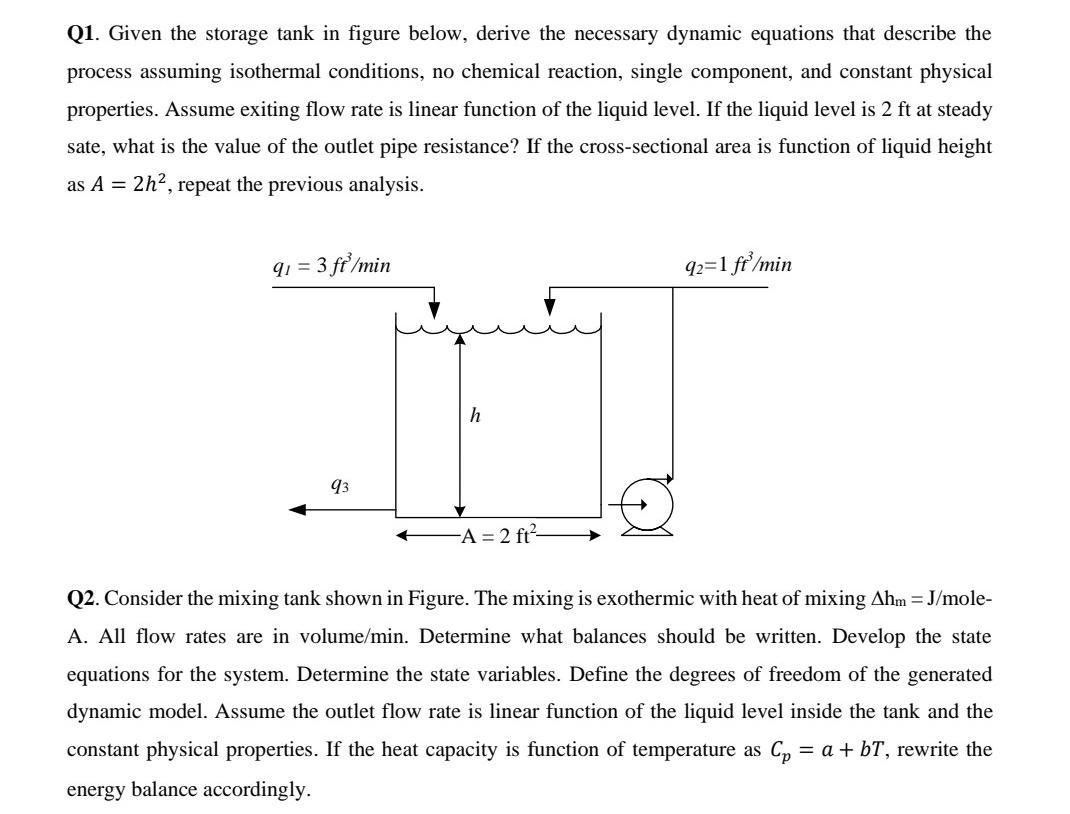 Solved Q1. Given the storage tank in figure below, derive | Chegg.com