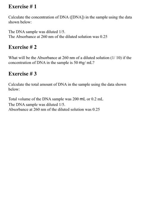Solved Exercise #1 Calculate the concentration of DNA | Chegg.com