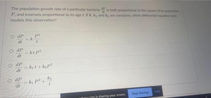 Solved The population growth rate of a particular bacterial | Chegg.com