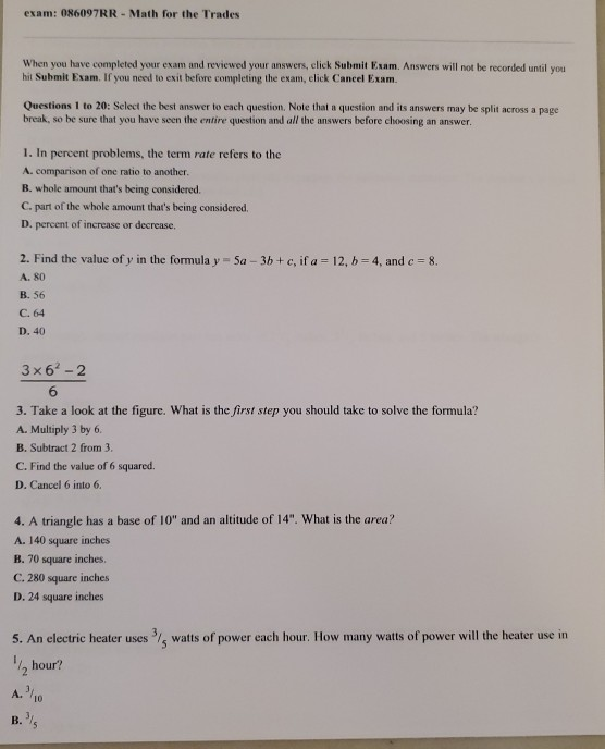 Trades Math Test Solved exam: 086097RR - Math for the Trades When you have | Chegg.com