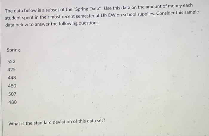 Solved The Data Below Is A Subset Of The Spring Data Use Chegg