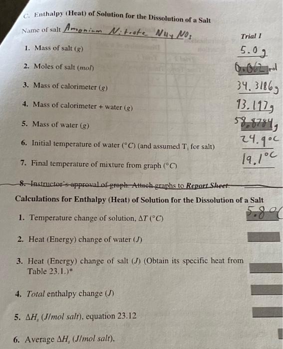 Solved C. Enthalpy (Heat) of Solution for the Dissolution of | Chegg.com