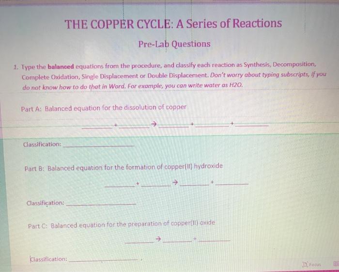 Solved THE COPPER CYCLE: A Series Of Reactions Pre-Lab | Chegg.com