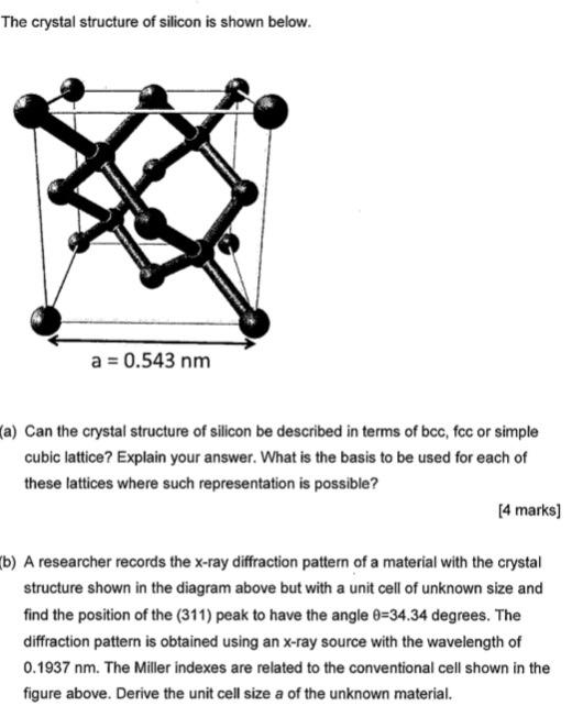 The crystal structure of silicon is shown below.
a = 0.543 nm
(a) Can the crystal structure of silicon be described in terms 