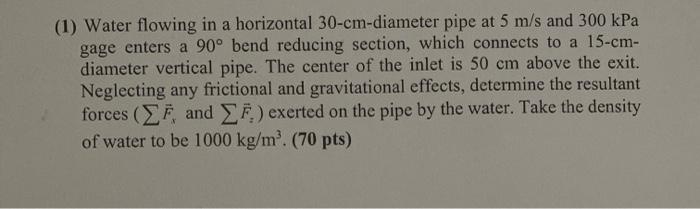 Solved (1) Water Flowing In A Horizontal 30-cm-diameter Pipe | Chegg.com