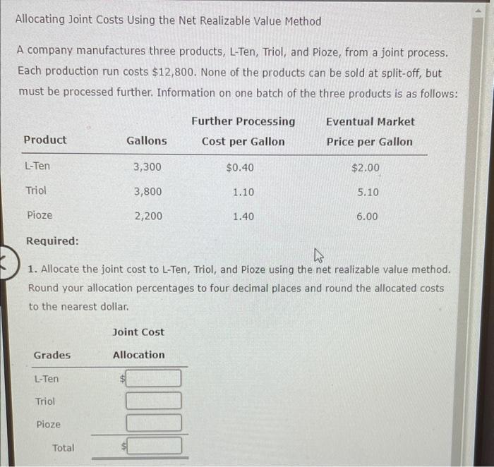 Solved Allocating Joint Costs Using The Net Realizable Value | Chegg.com