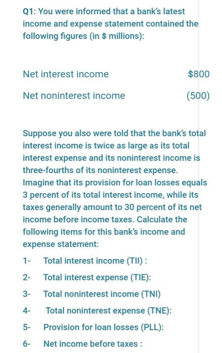 Solved Q1 You Were Informed That A Bank S Latest Income And Chegg Com