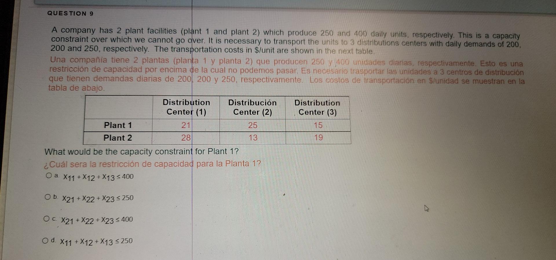 QUESTION 9 A company has 2 plant facilities (plant 1 and plant 2) which produce 250 and 400 daily units, respectively. This i