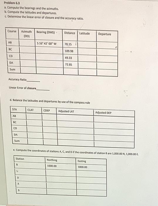 Problem 6.3 the bearings and the azimuths.