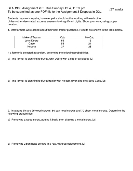 Solved STA 1903 Assignment #3: Due Sunday Oct 4, 11:59 pm | Chegg.com