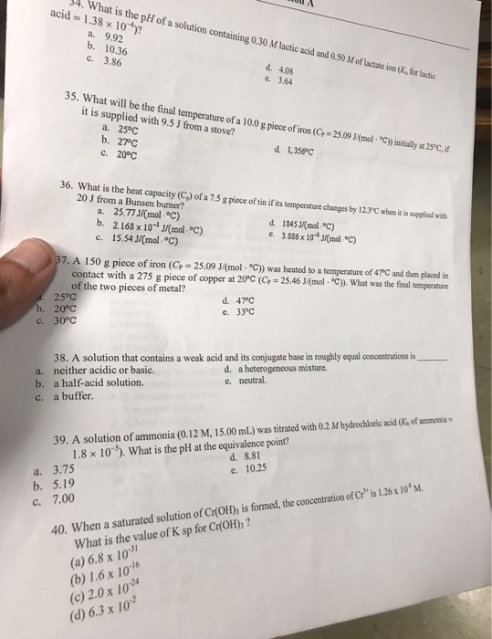 Solved What Is The Ph Of A Solution Containing 0 30 M Lac Chegg Com