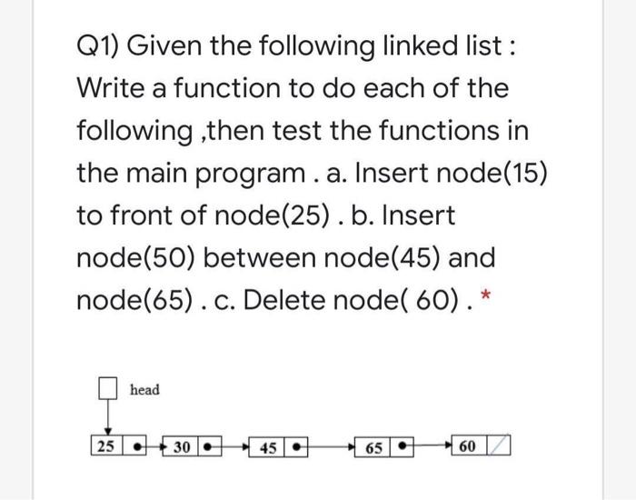 Solved Q1) Given the following linked list : Write a | Chegg.com
